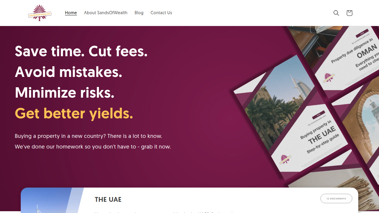 Homepage of Sands of Wealth, a resource for Dubai property market forecasts and insights.