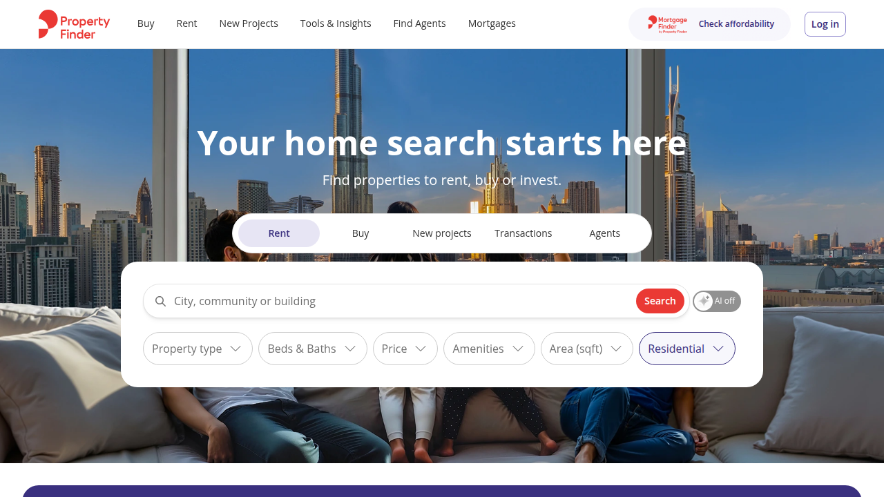 Homepage of Property Finder, showcasing Dubai real estate listings and RERA-related services.