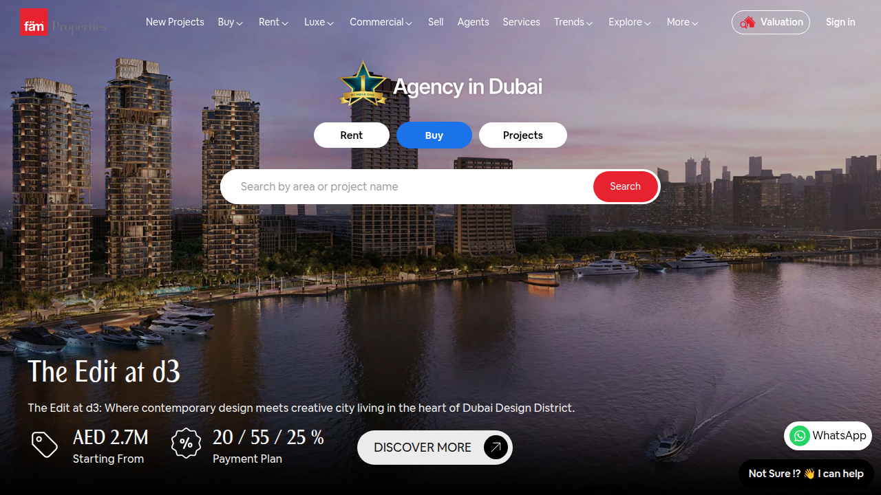 Homepage of FAM Properties, a source for Dubai real estate performance data, especially off-plan projects.