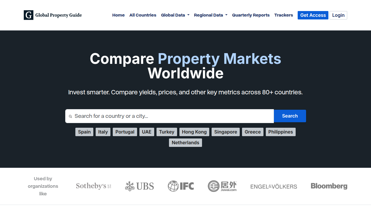 Homepage of Global Property Guide, offering insights into international real estate markets.