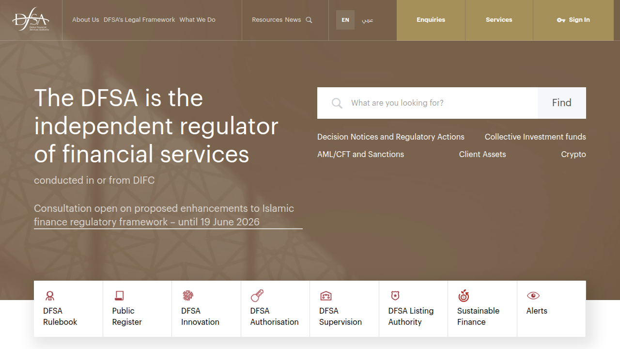 Access the comprehensive regulatory framework and legal documentation provided by the Dubai Financial Services Authority (DFSA).