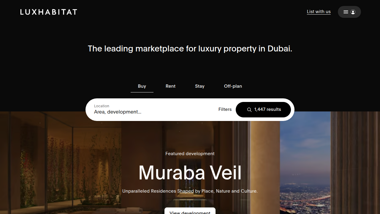 The LuxHabitat website, a luxury real estate brokerage in Dubai known for market analysis and property sales.