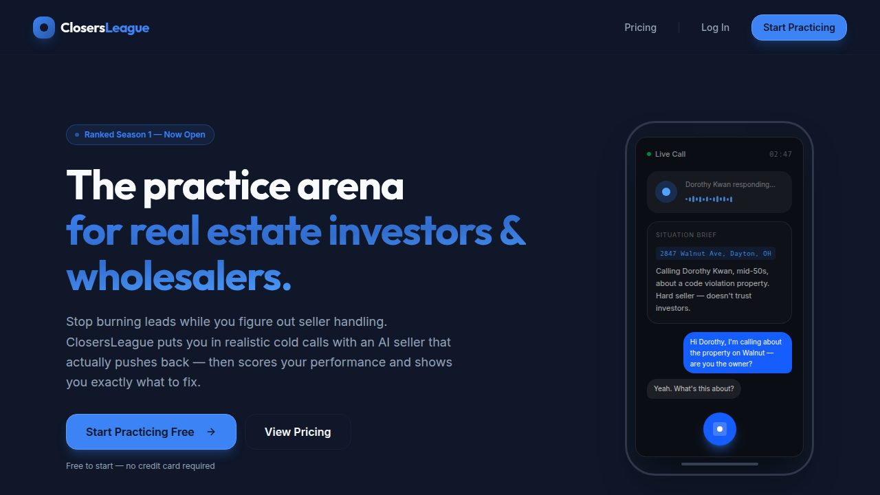 A screenshot of the Closers League homepage, a resource for real estate professionals and investors, often featuring industry insights.