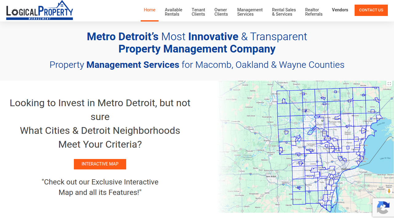 A screenshot of the Logical Property Management homepage, showcasing resources related to rental property investment and management.