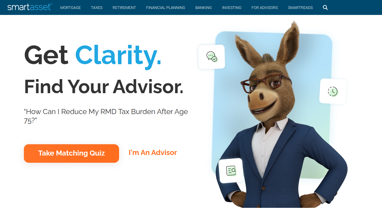 A screenshot of the SmartAsset homepage, a financial technology company offering personal finance advice and investment tools.