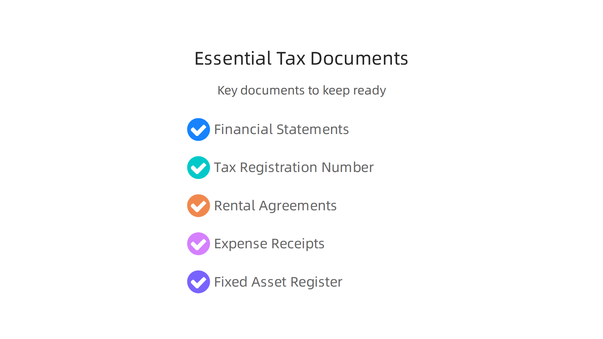 A checklist of critical documents required for filing corporate tax returns for property investments.