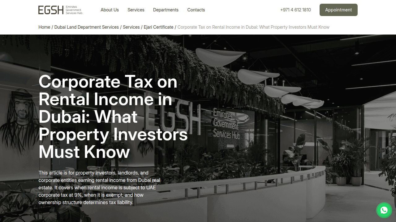 Screenshot from EGSH consultancy website, detailing corporate tax on rental income in Dubai.