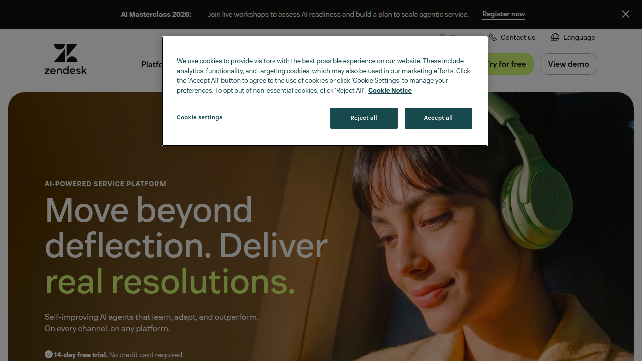 A screenshot of Zendesk's homepage, a leading customer service and CRM platform mentioned for its insights on CRM marketing.