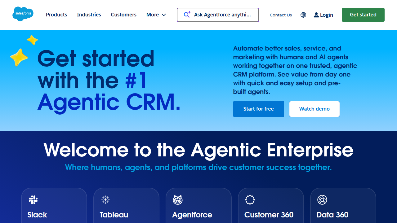 A screenshot of the Salesforce homepage, a prominent CRM provider, highlighting its role in managing customer relationships.
