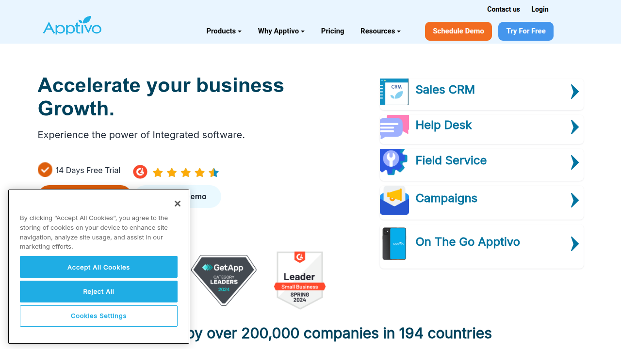 A screenshot of the Apptivo homepage, an all-in-one business management suite that includes CRM, used to clarify CRM terminology.