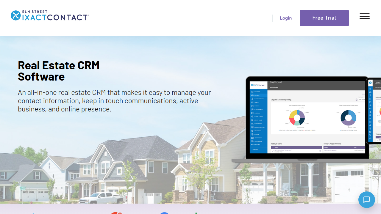 A screenshot of the IXACT Contact homepage, a CRM specifically designed for real estate professionals, showcasing industry-specific features.