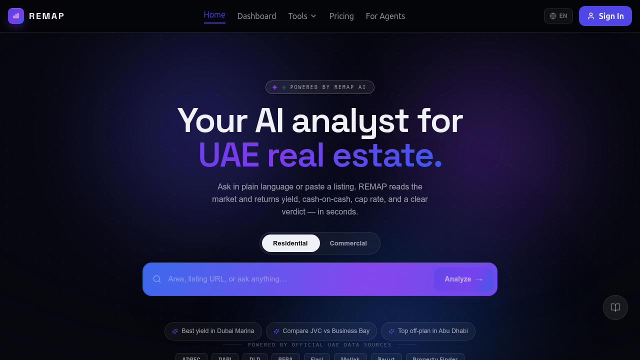 REMAP's website displaying its Dubai Market Index, which uses DLD transaction data to reflect real market trends.