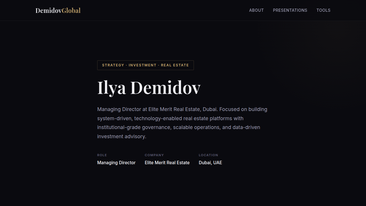 Demidov Global's website, featuring their comprehensive real estate market reports for Dubai.