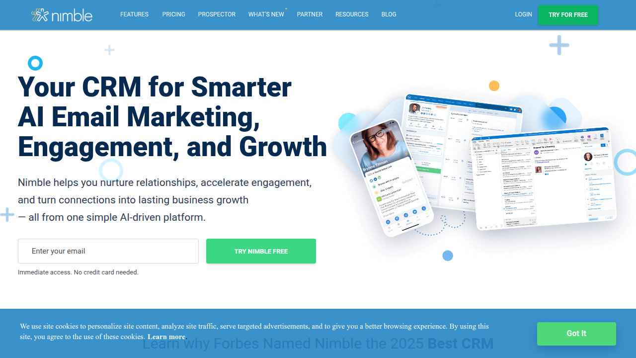A screenshot of the Nimble CRM homepage, a platform offering integrated sales and marketing solutions.