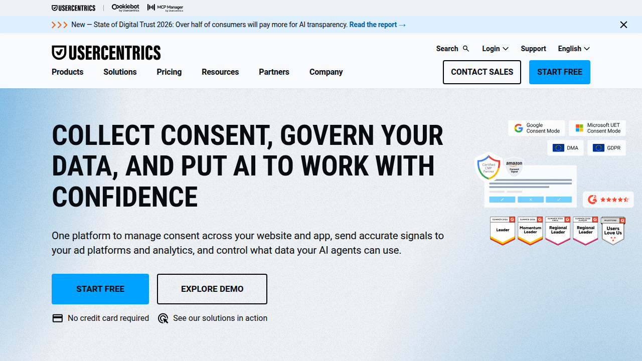Usercentrics homepage, a platform focused on consent management and data privacy compliance.