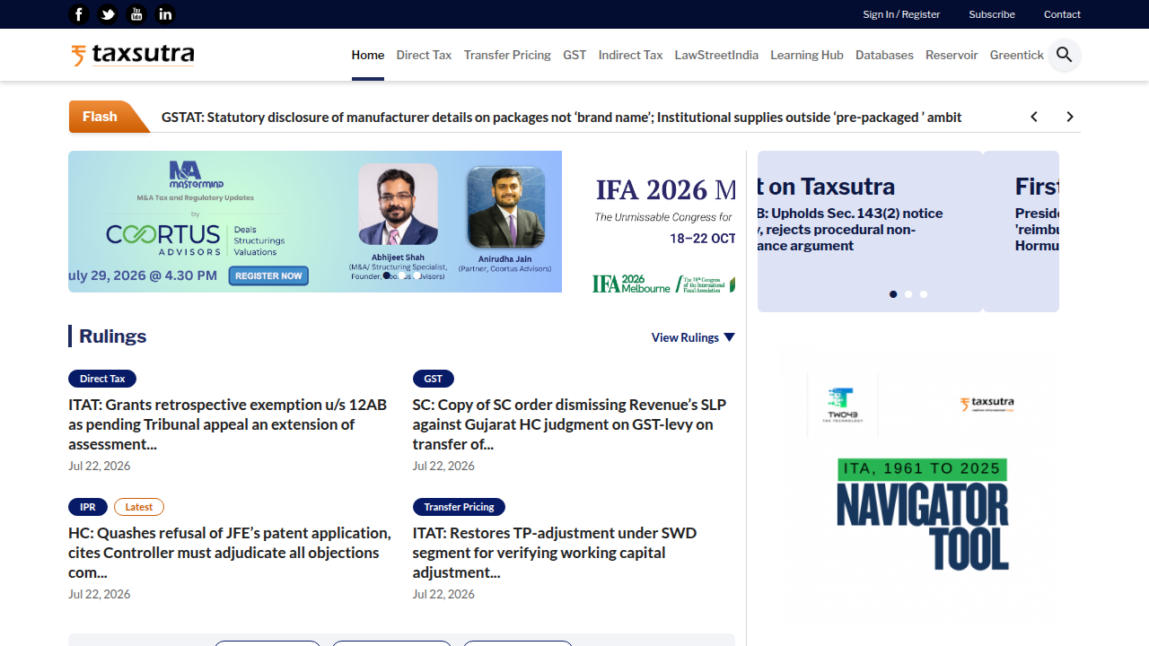 Screenshot of the Taxsutra website, a legal and tax information resource relevant to UAE corporate tax.