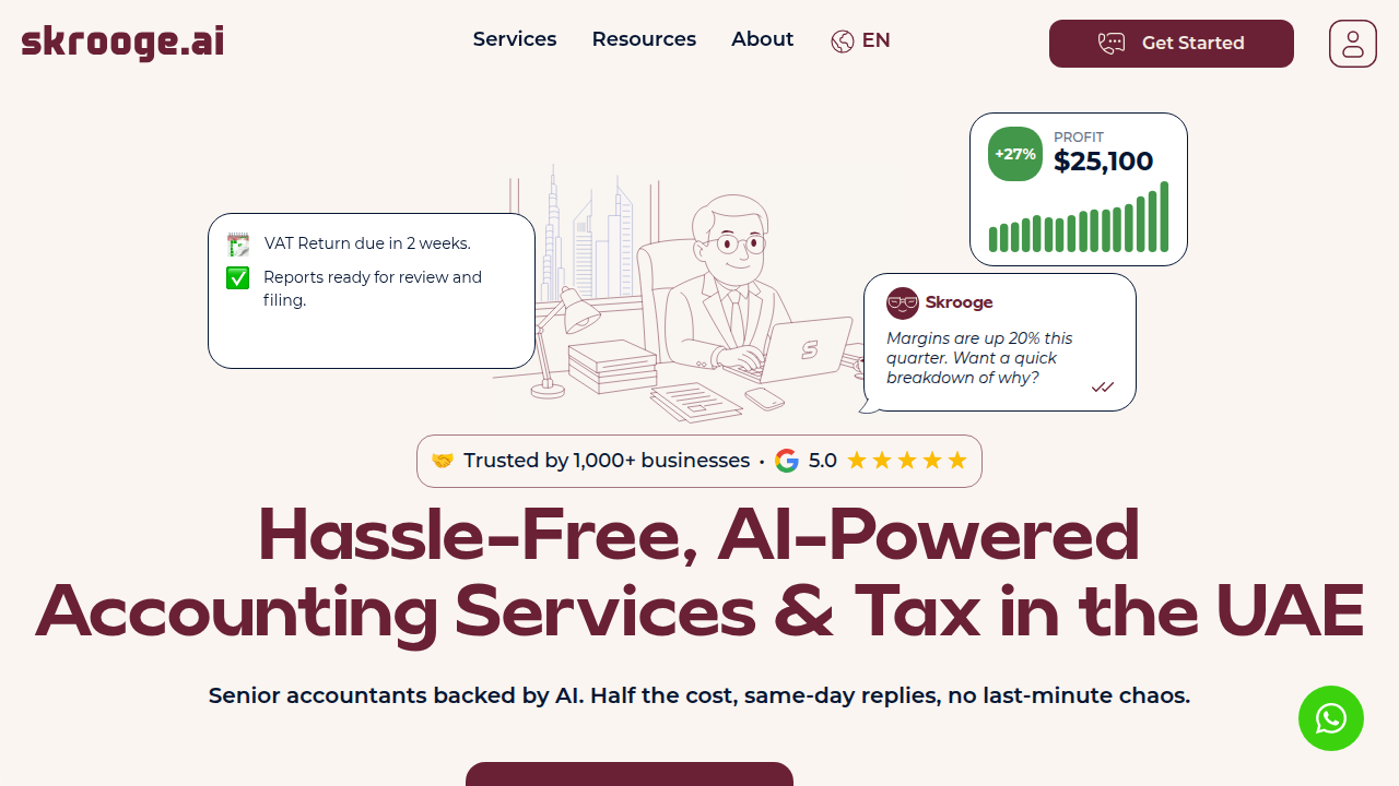 Screenshot of Skrooge AI's blog, providing guides on UAE corporate tax for businesses.
