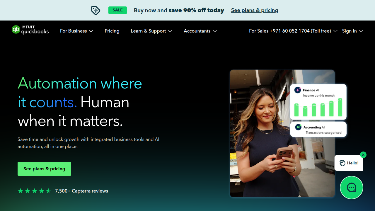 The homepage of QuickBooks UAE, a popular accounting software for small businesses.
