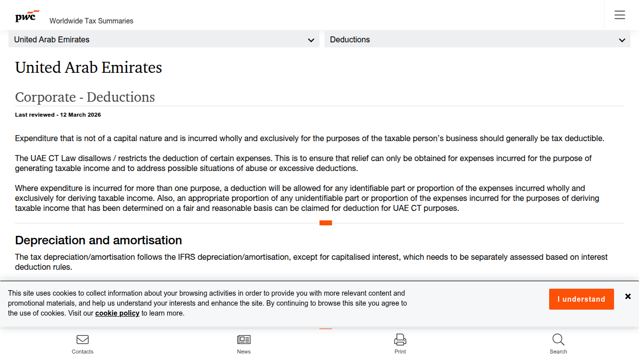 A webpage from PwC's Tax Summaries, focusing on corporate deductions in the United Arab Emirates.