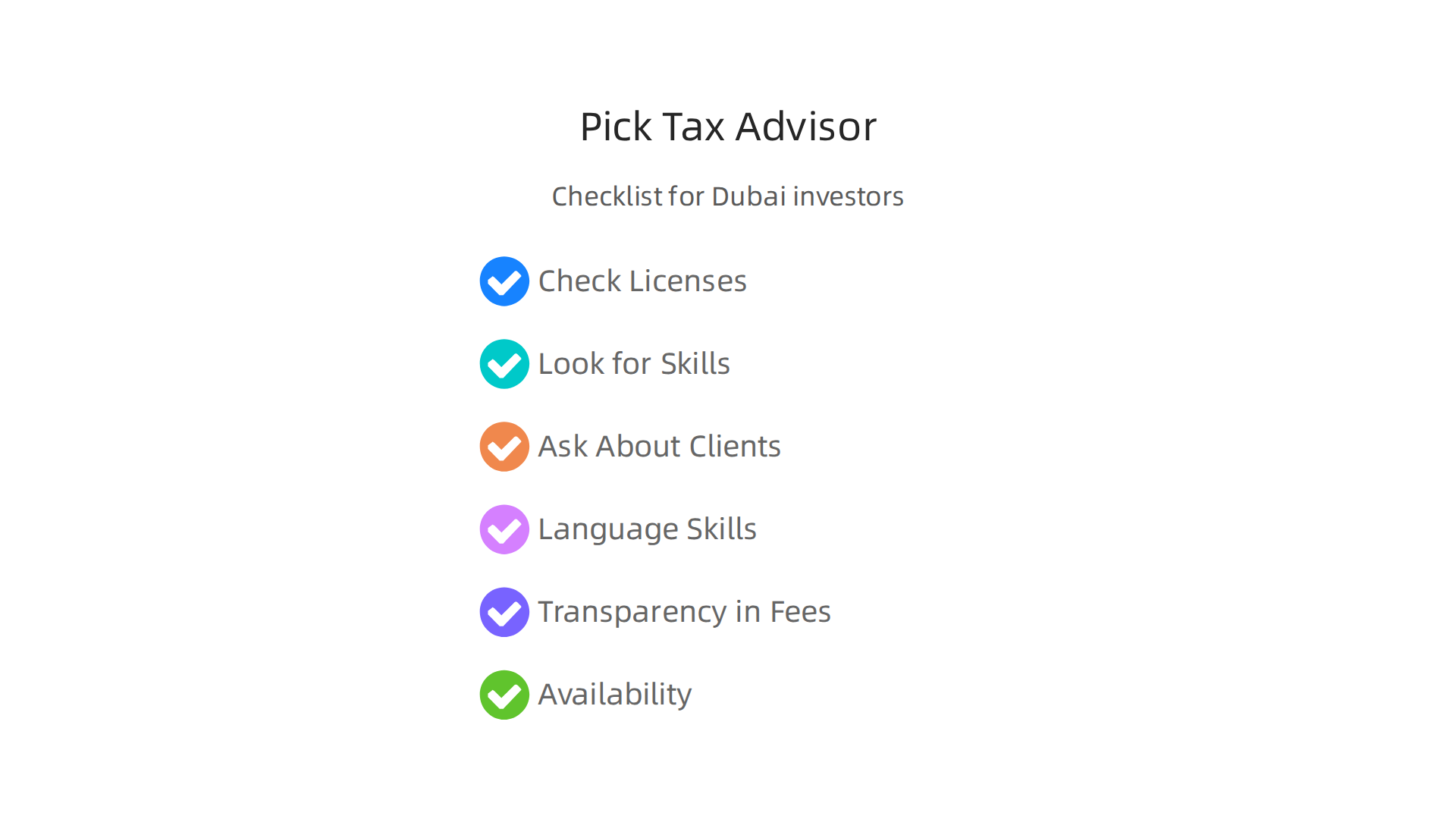 An infographic detailing a practical checklist to evaluate and select the right tax advisor for Dubai property investments.